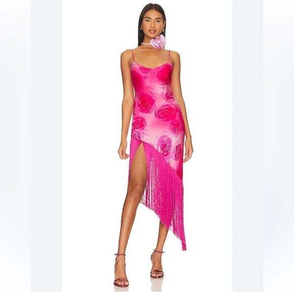 NWT MIRAE Belle Desert Rose Dress fringe hem print slip Revolve 42 10 - Picture 1 of 12